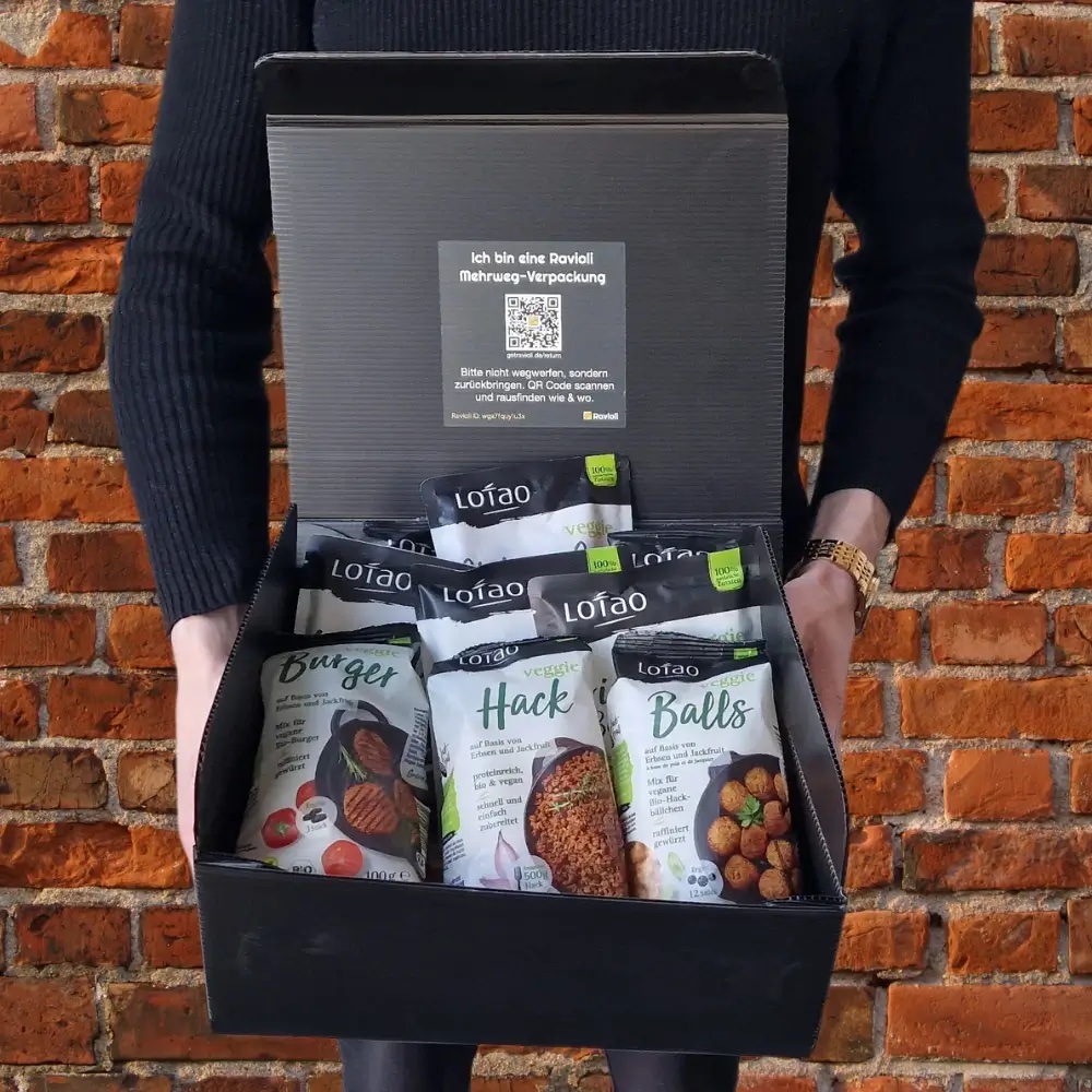 Ein Foto mit verschiedenen Produkten von der Marke Lotao in einer Mehrweg-Versandverpackung von Ravioli, welche von einer Person gehalten wird