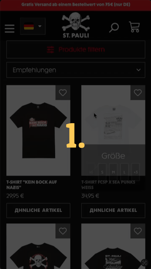 Ein Bild des FC St.Pauli Online Shops. Zu sehen sind diverse T-Shirts des Vereins.