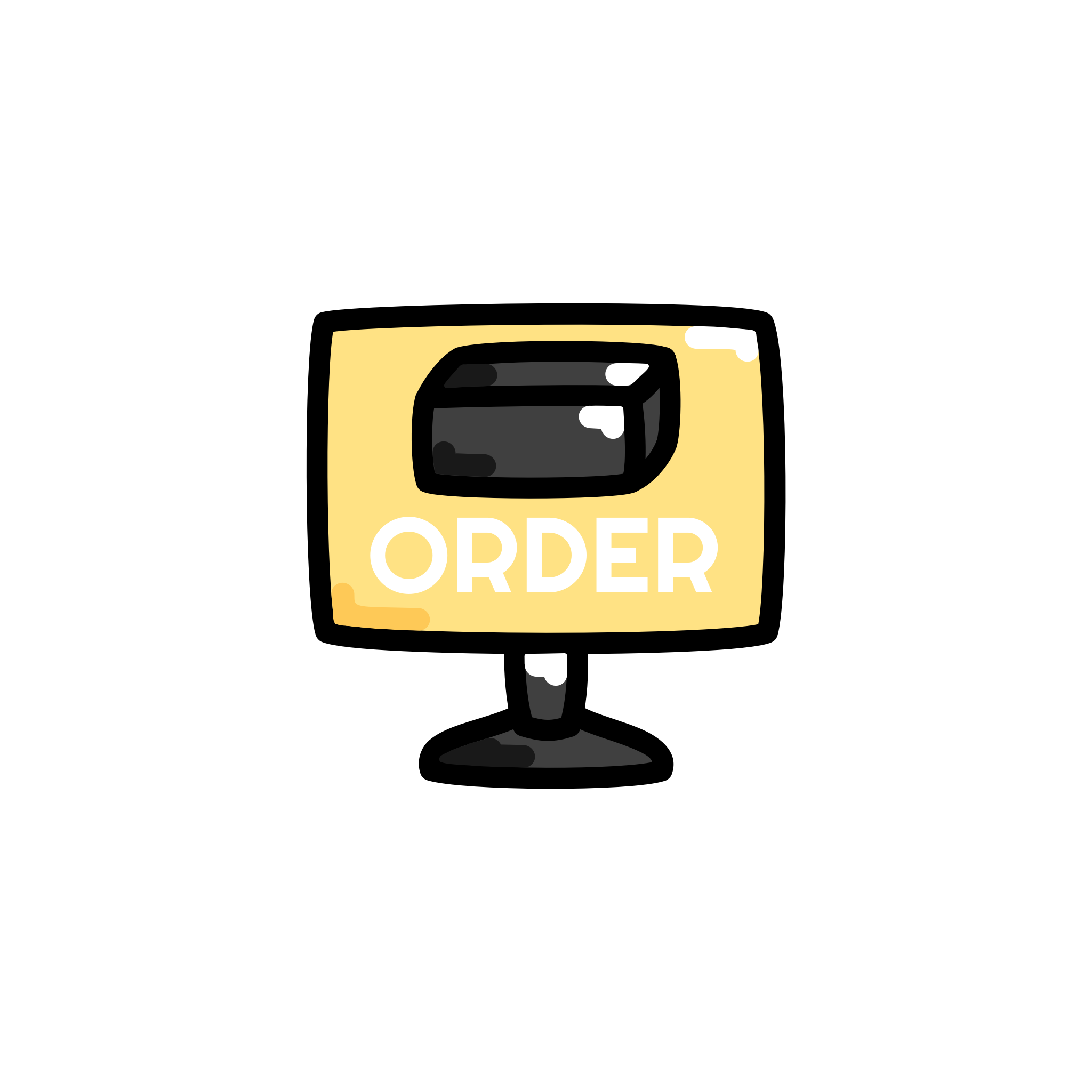Illustration eines Bildschirms mit dem Wort 'Order' und einer Ravioli Mehrweg-Versandverpackung